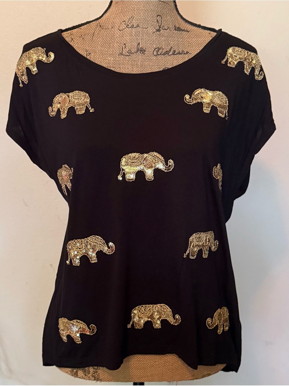 INC International Concepts Black Short-Sleeve Top with Gold Sequin Elephants